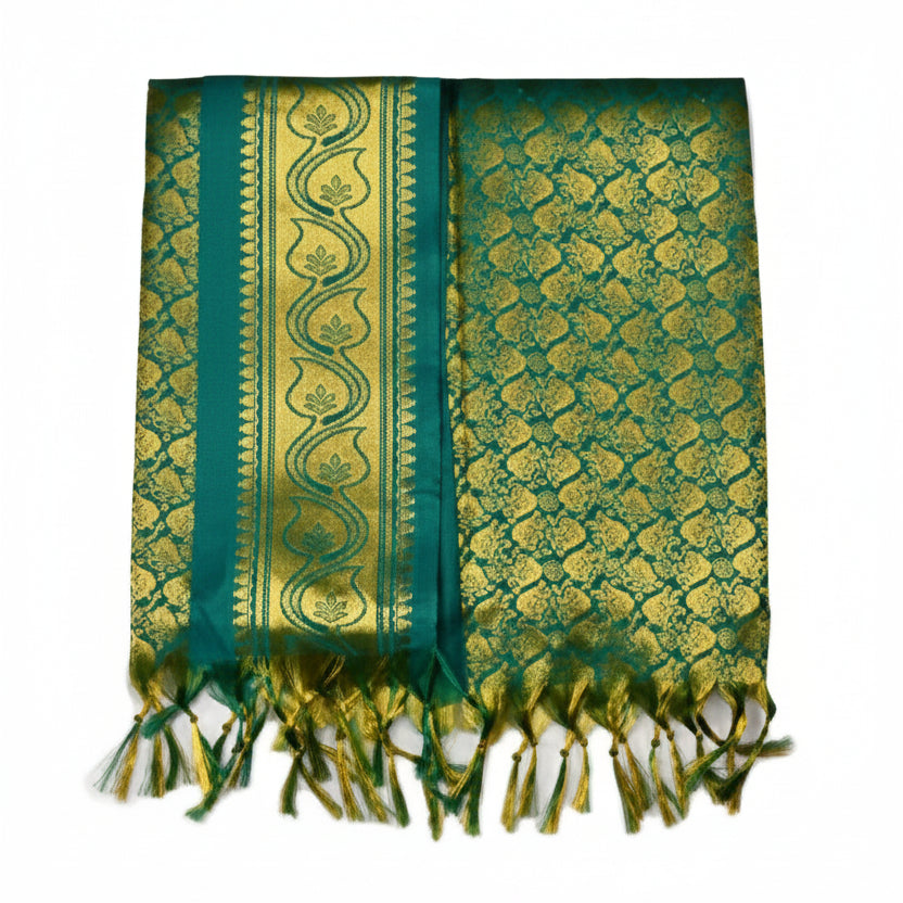 Golden Peepal Leaf Design Silk PUJA Shawl-Green