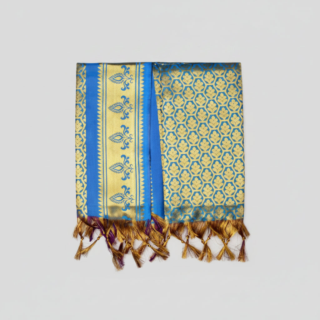 Golden Designer Silk PUJA Shawl-Blue