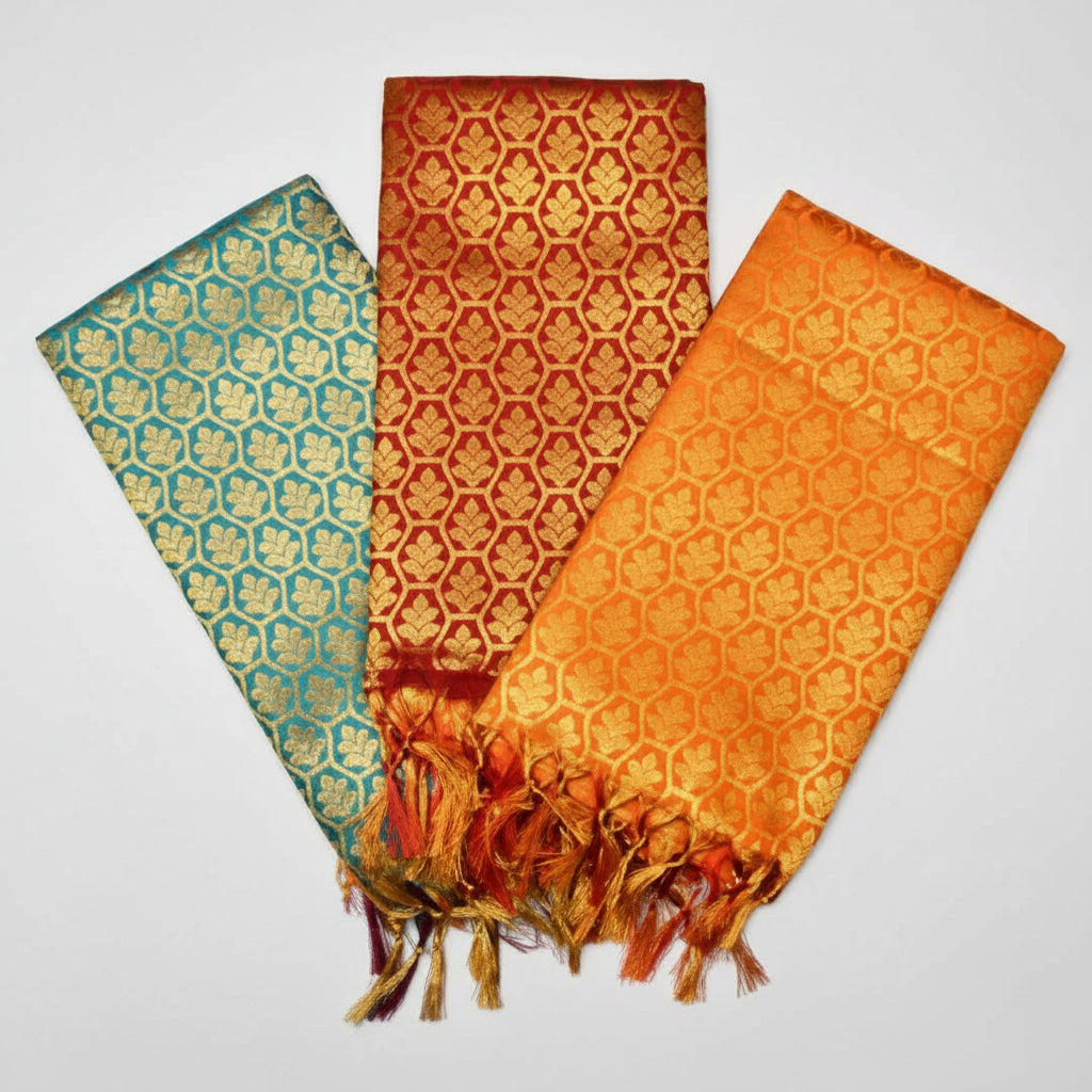 Golden Designer Silk PUJA Shawl-Orange