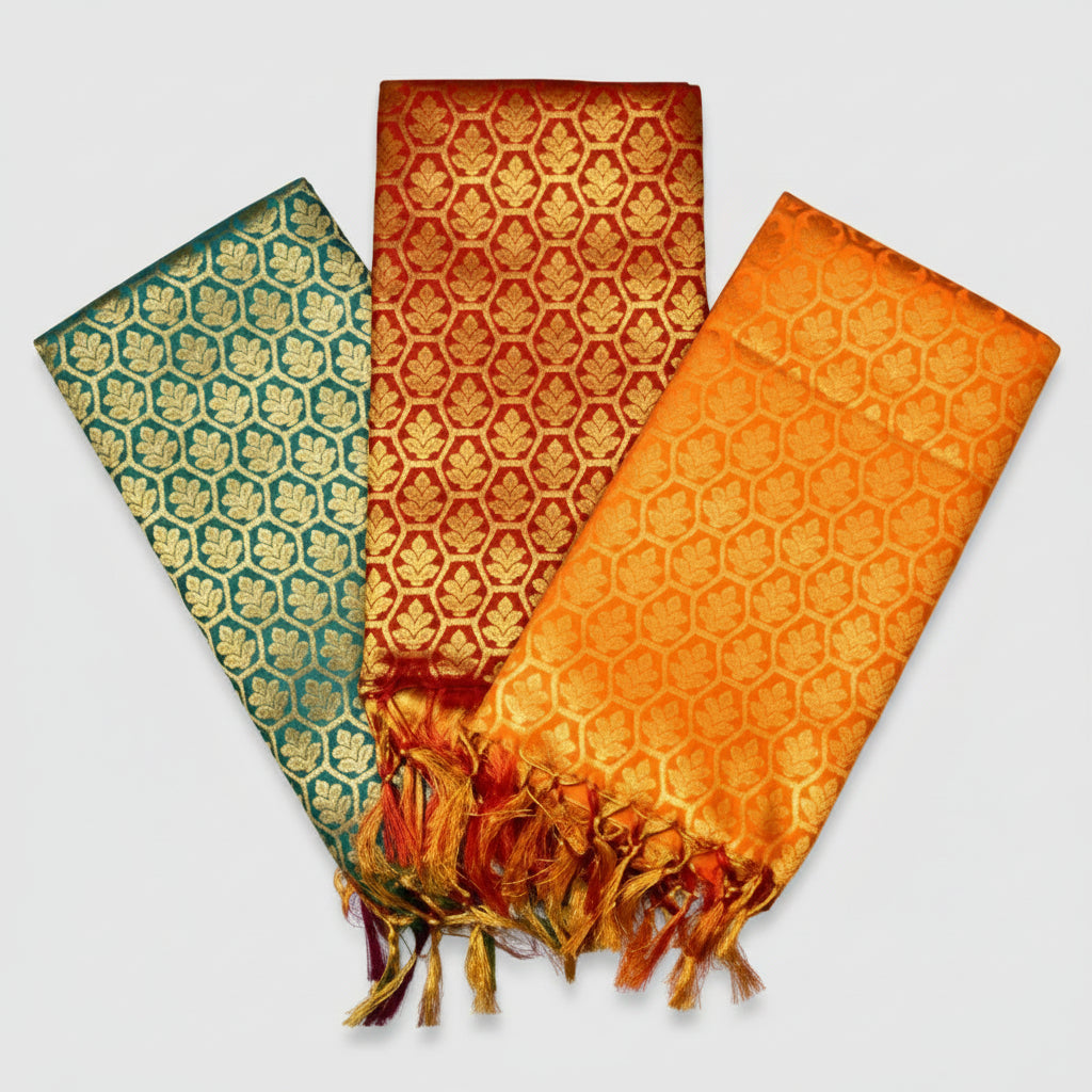 Golden Designer Silk PUJA Shawl-Blue
