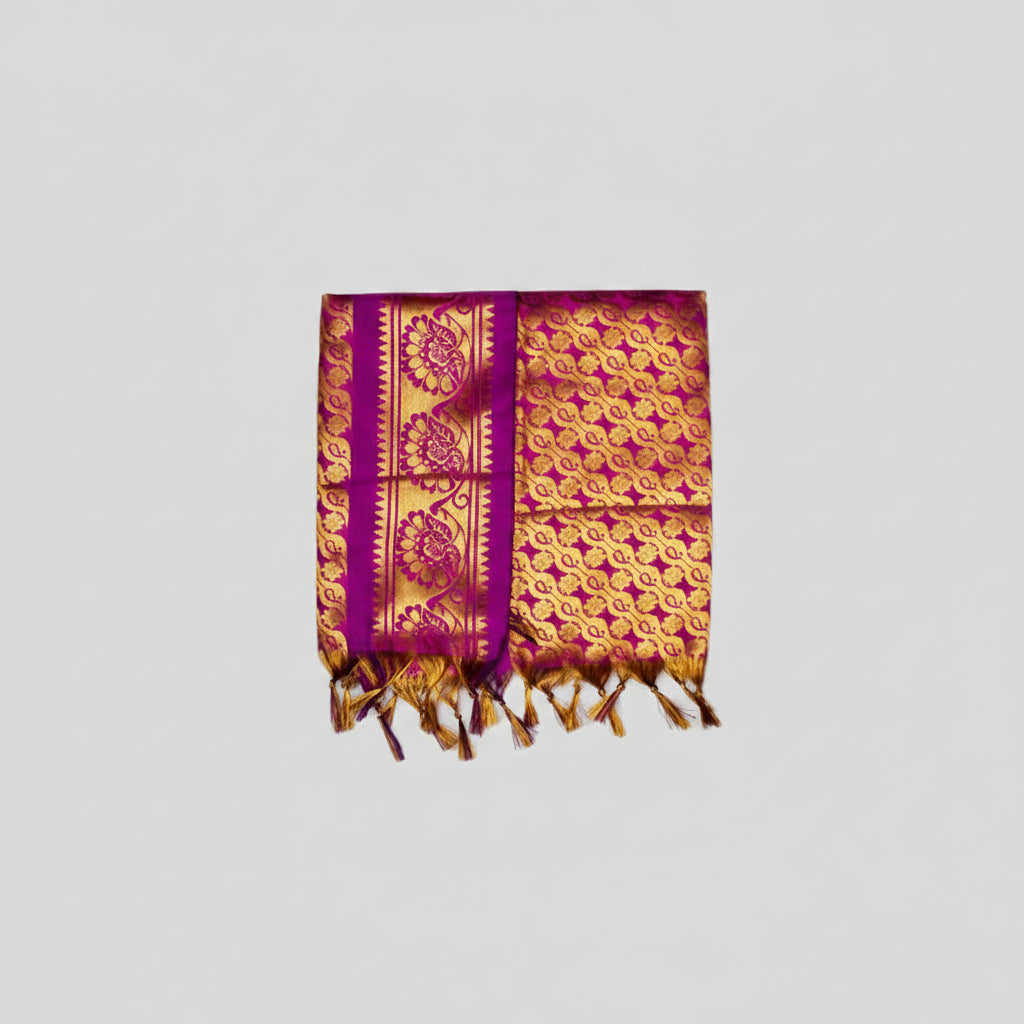 Golden Flower Design Silk Puja Shawl-Red
