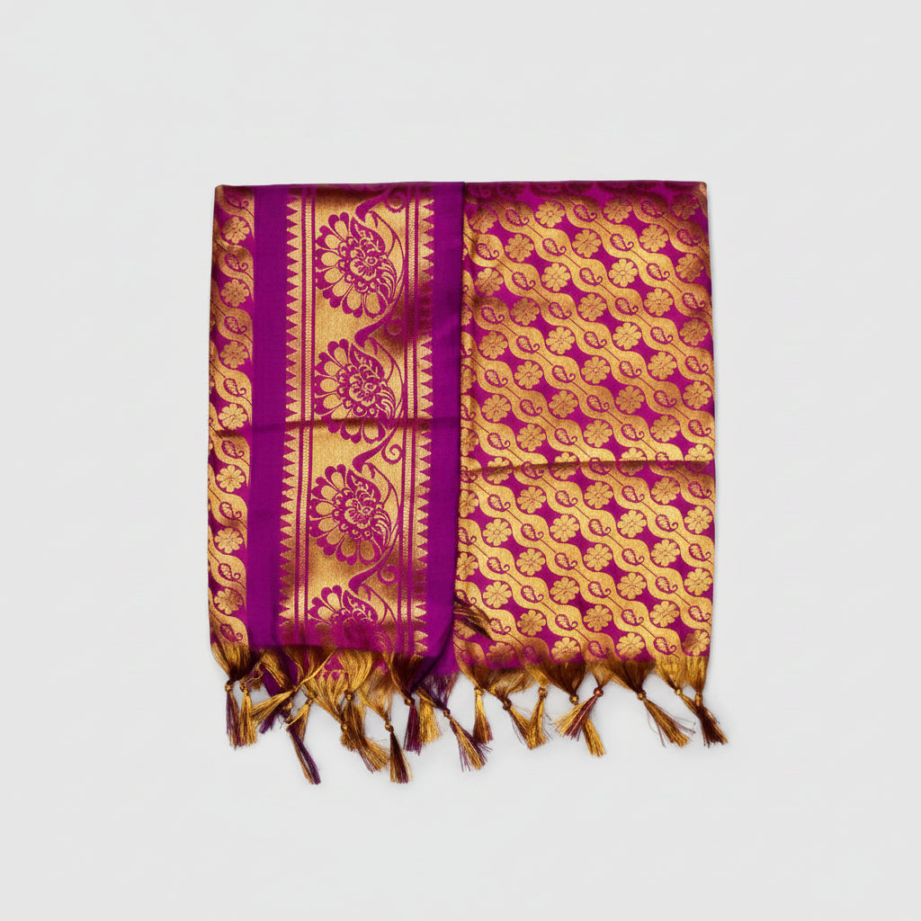 Golden Flower Design Silk PUJA Shawl-Purple