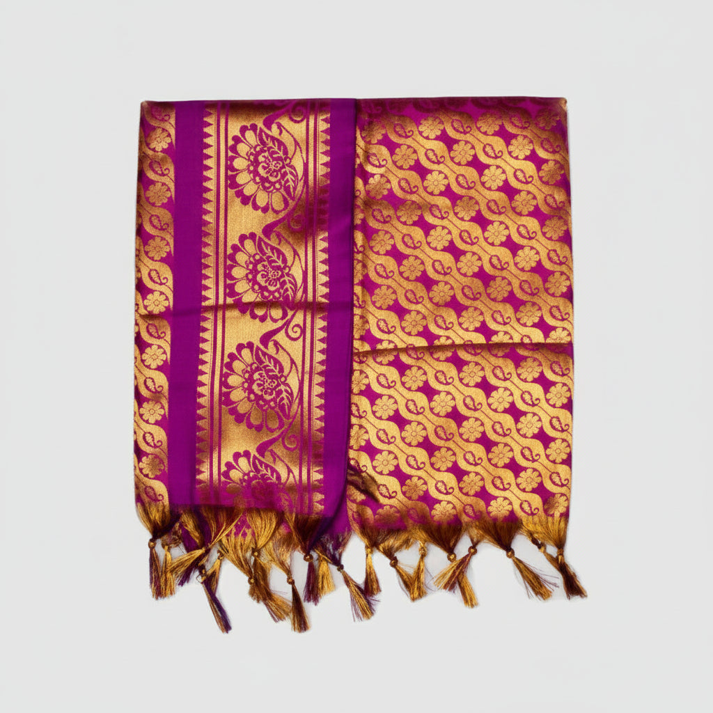 Golden Flower Design Silk PUJA Shawl-Indigo