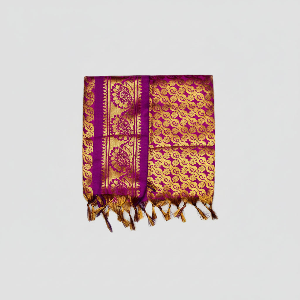 Golden Flower Design Silk Puja Shawl-Red