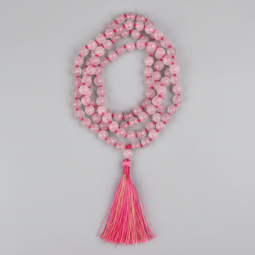 Rose Quartz Faceted Beads Knotted Mala-10 mm