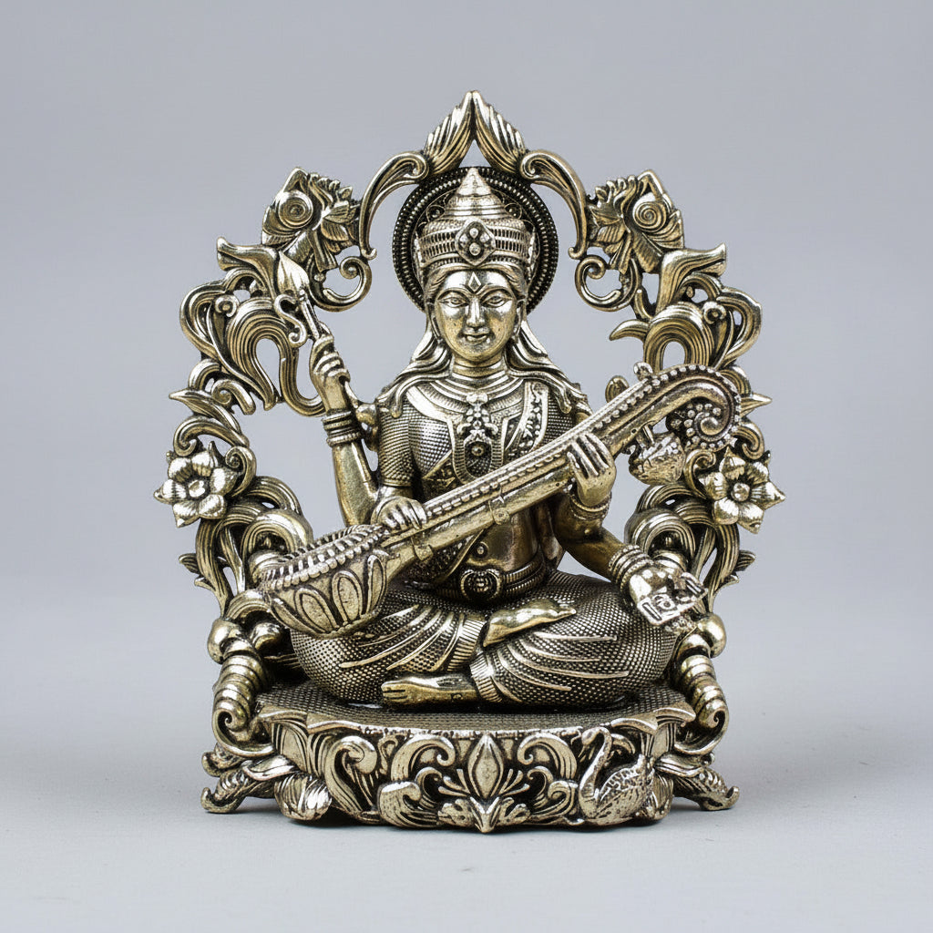 Goddess Saraswati with Floral Frame Ashtadhatu Idol