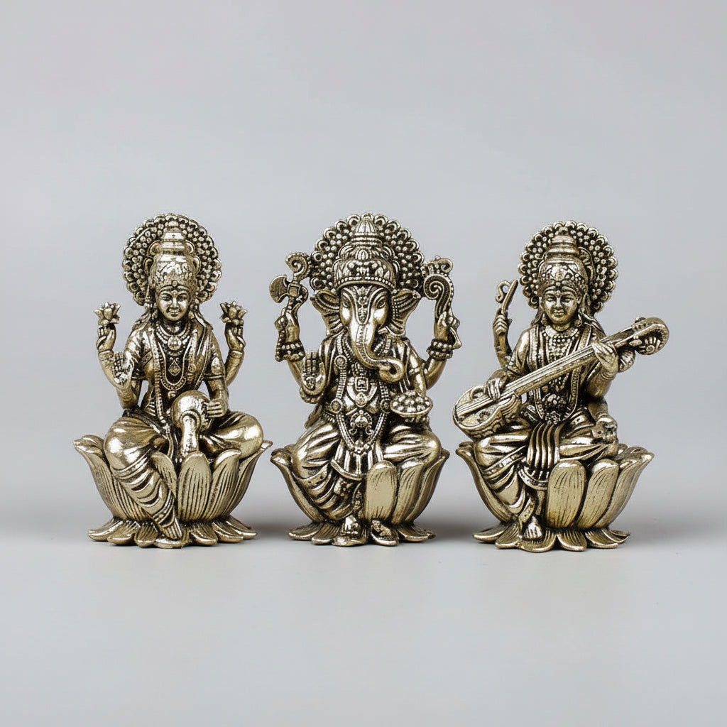 Lakshmi Ganesh Saraswati on Lotus Ashtadhatu Idols Set
