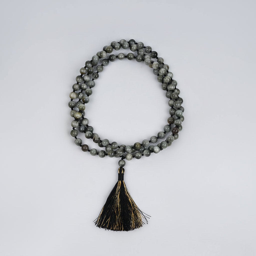 Grey Cat's Eye Knotted Mala-6 mm
