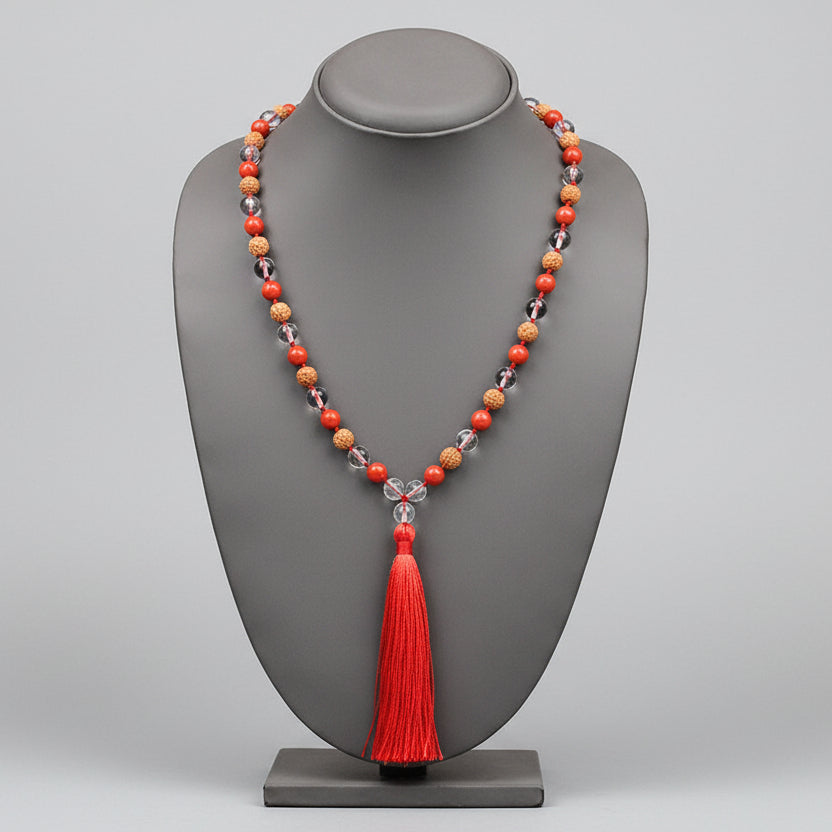 Coral 6 Mukhi Rudraksha & Sphatik Mala-8 mm
