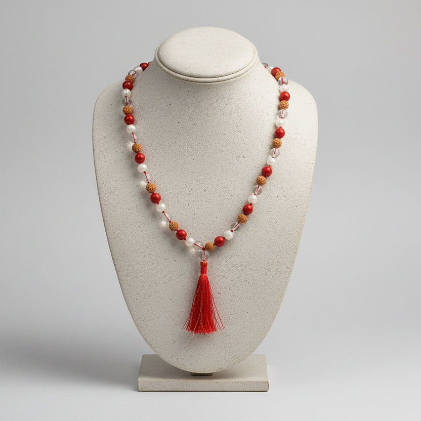 Coral 6 Mukhi Rudraksha Sphatik & Pearl Mala-6 mm