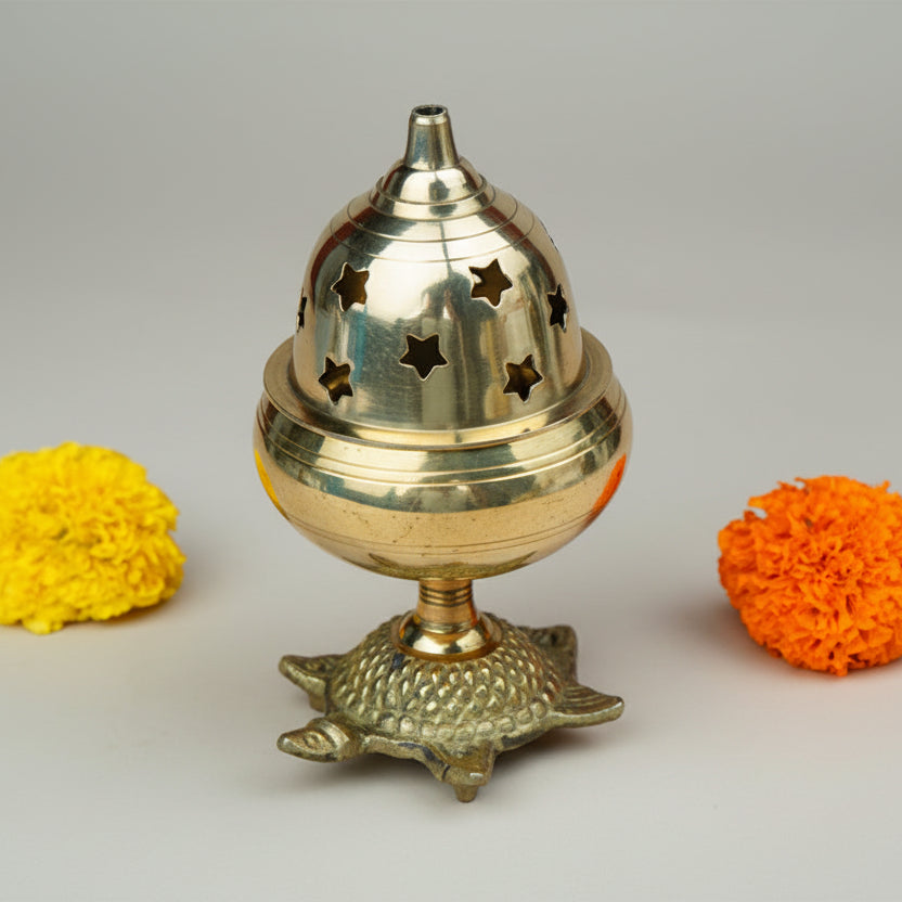Brass Apple Diya with Cover on Kurma-Antique Finish