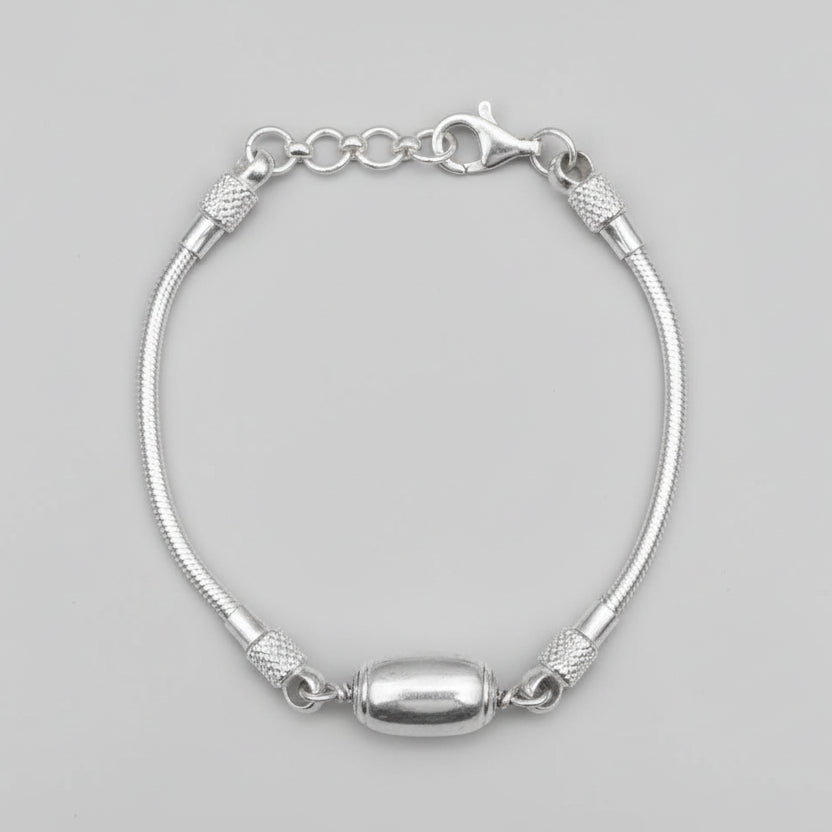 Barrel Parad Gutika Bracelet with Silver Caps & Silver Snake Chain-11 mm