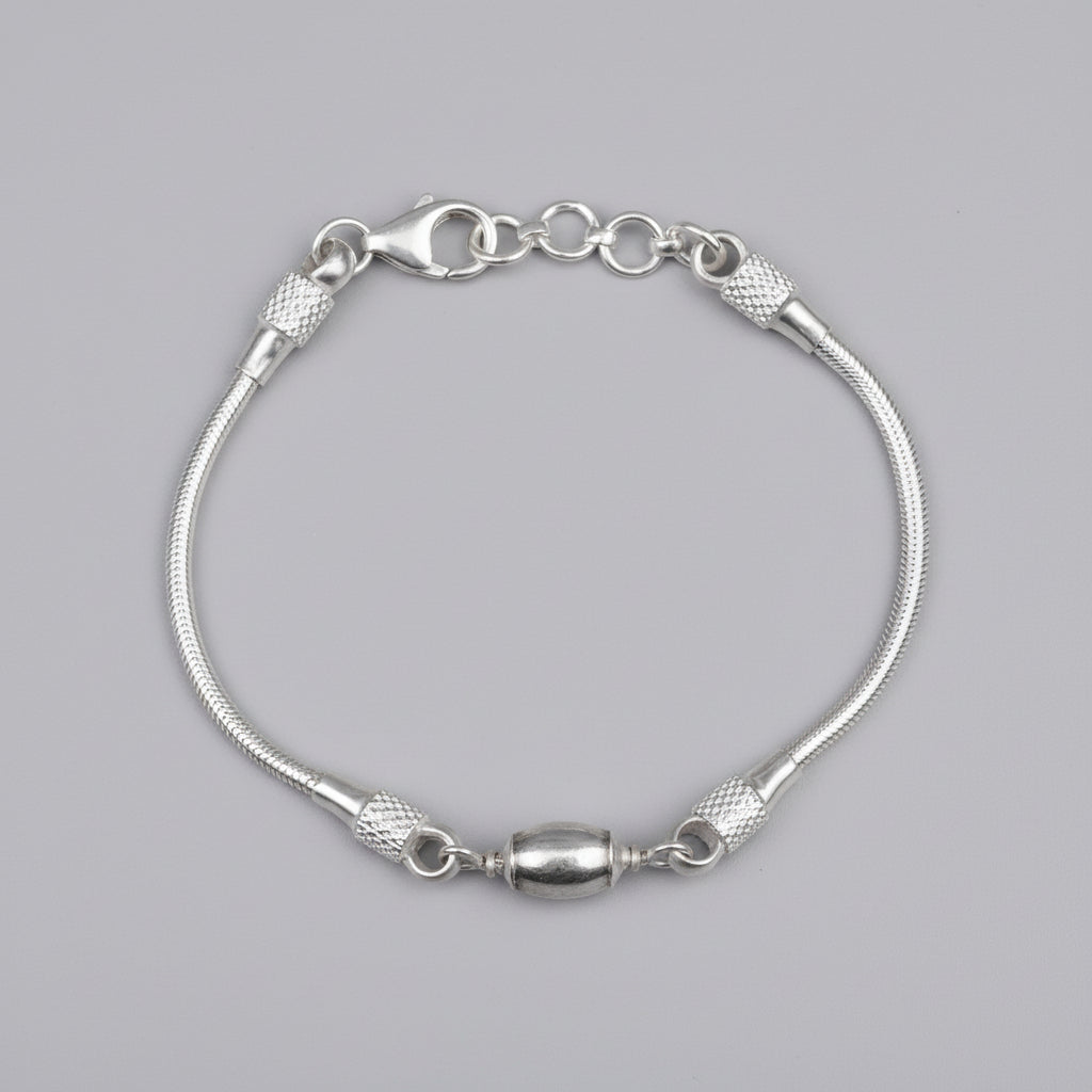 Barrel Parad Gutika Bracelet with Silver Caps & Silver Snake Chain-11 mm