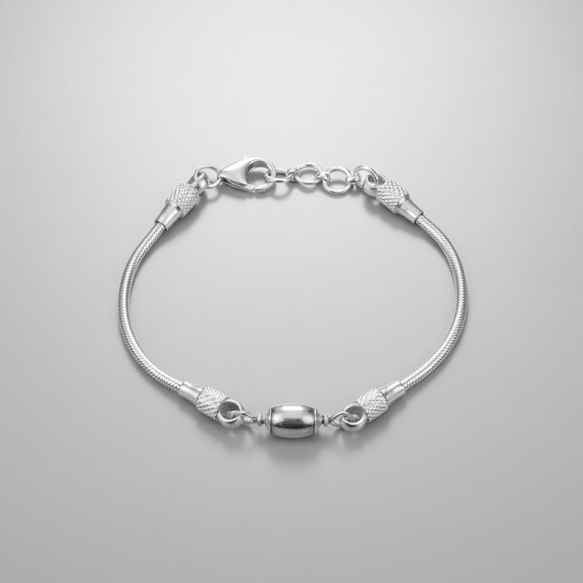 Barrel Parad Gutika Bracelet with Silver Caps & Silver Snake Chain-17 mm
