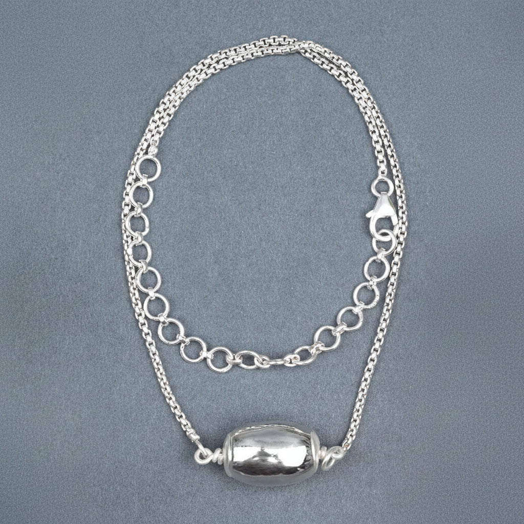 Barrel Parad Gutika Pendant with Silver Caps & Silver Box Chain-14 mm
