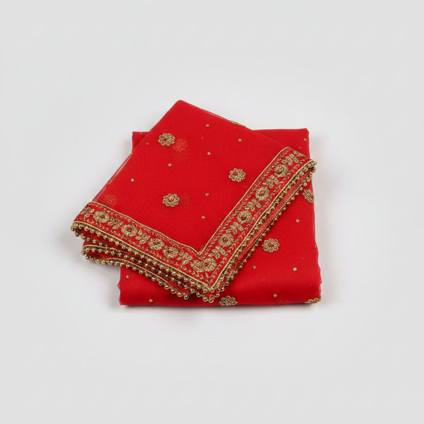 Durga Mata Chunni Golden Border Flower Latkan-Pink