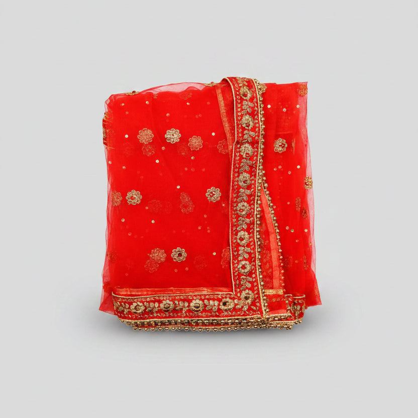 Durga Mata Chunni Golden Border Flower Latkan-Red