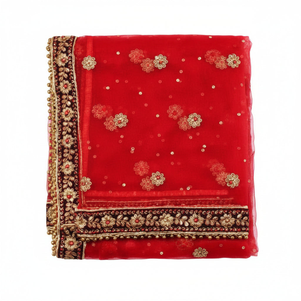 Durga Mata Chunni Golden Border Flower Latkan-Maroon