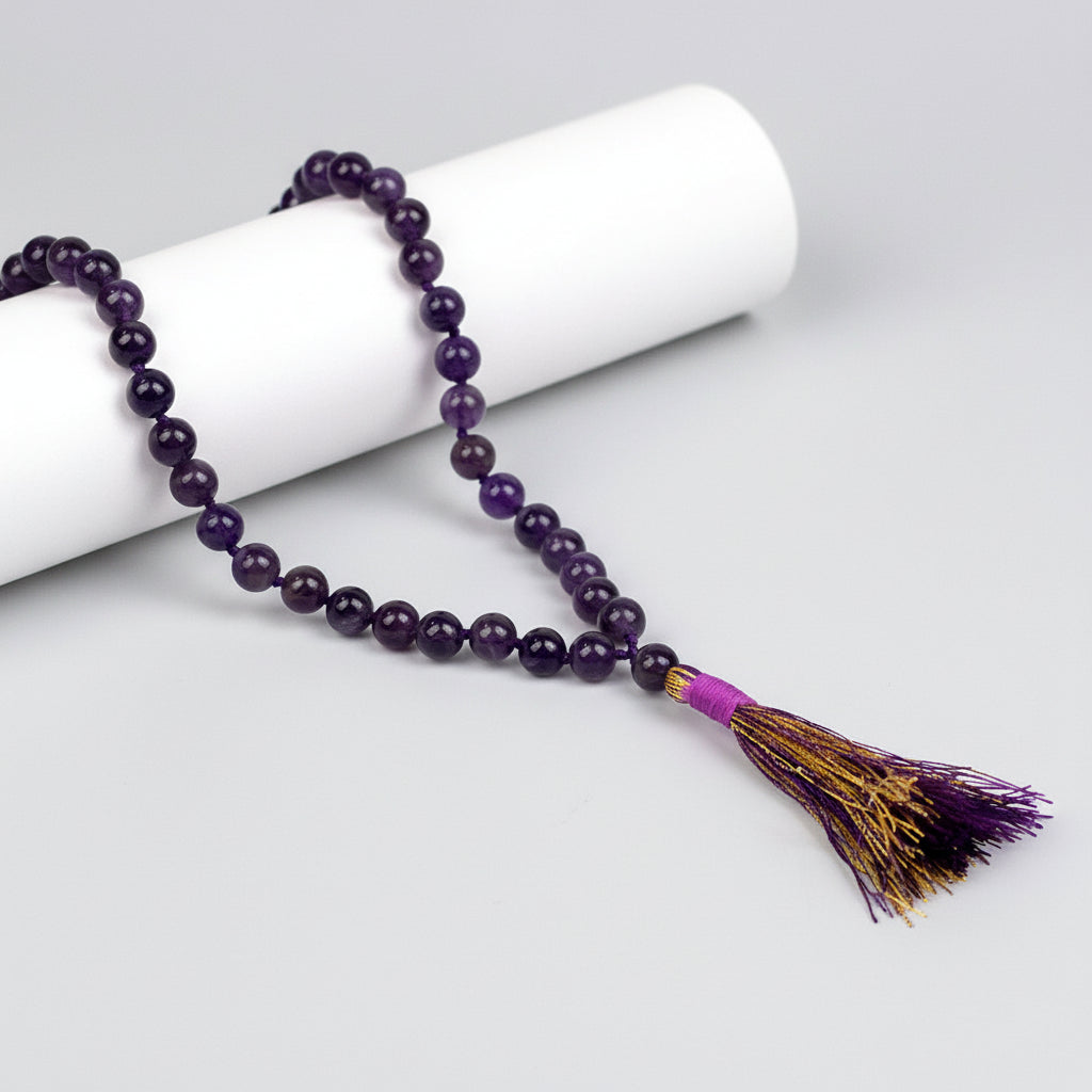 Amethyst Round Beads Knotted Mala-8 mm