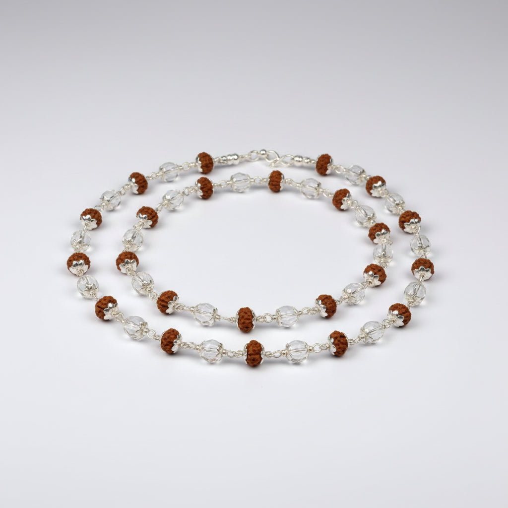 9 mukhi Rudraksha and Sphatik Beads Mala in Slver Flower Caps