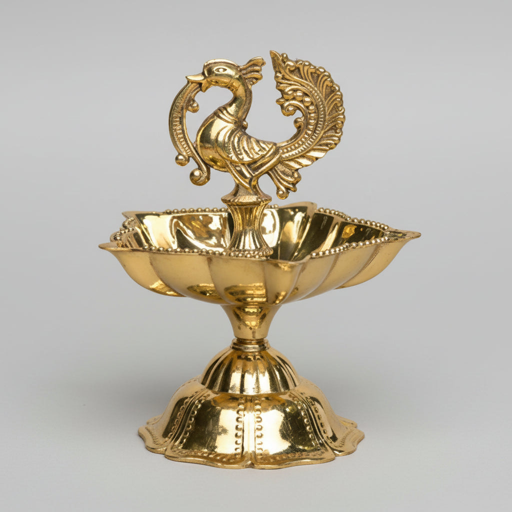 Panch Batti Standing Peacock Brass Diya