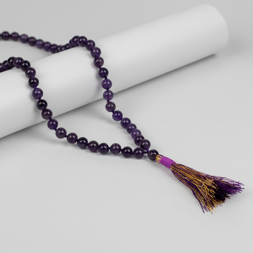 Amethyst Round Beads Knotted Mala-6 mm