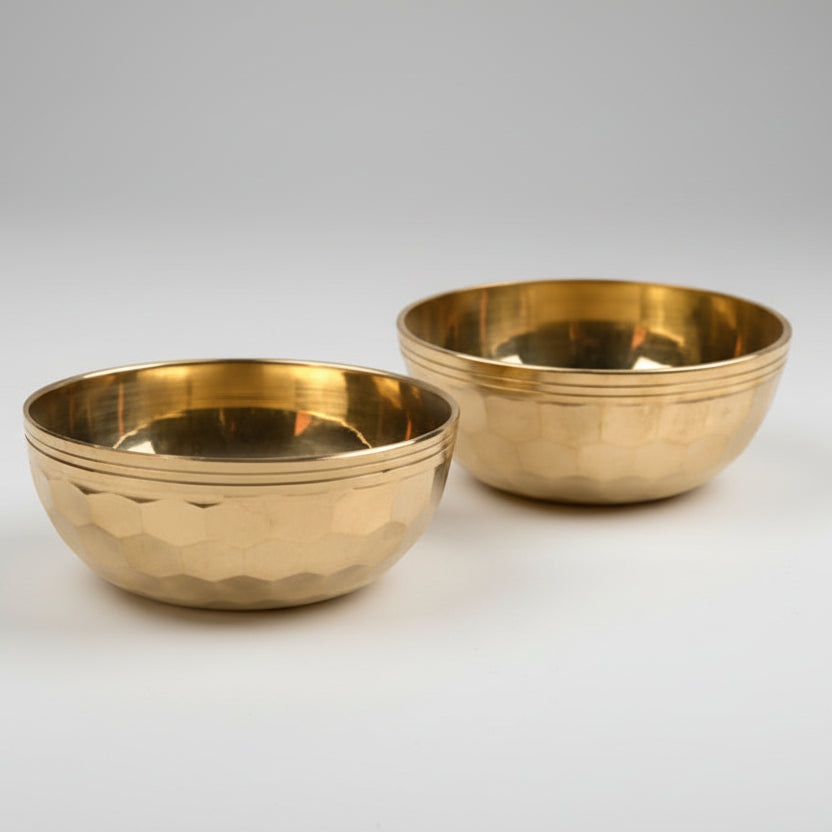 Brass Puja Katori Bowls Faceted Pattern For Tilak, Prasad, Akshat Rice (Set of 2)
