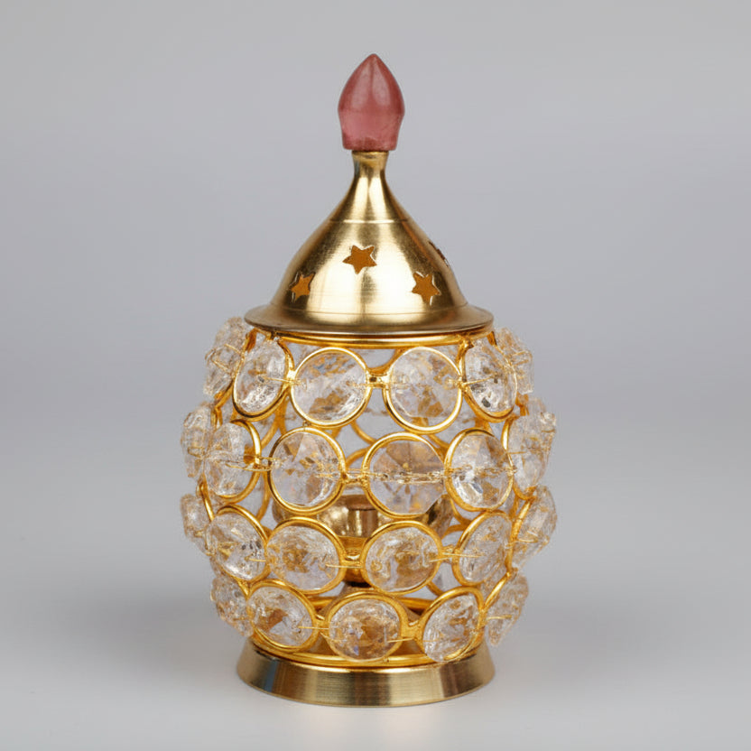 Akhand Crystal Decorated Brass Diya Holder