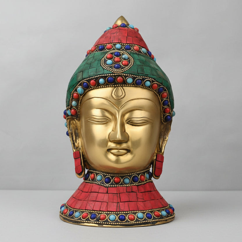 Buddha Face Brass Idol with Decorative Stone Work