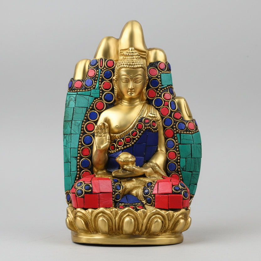 Brass Hand BuddhaAbhay Mudra) with Decorative Stone Work