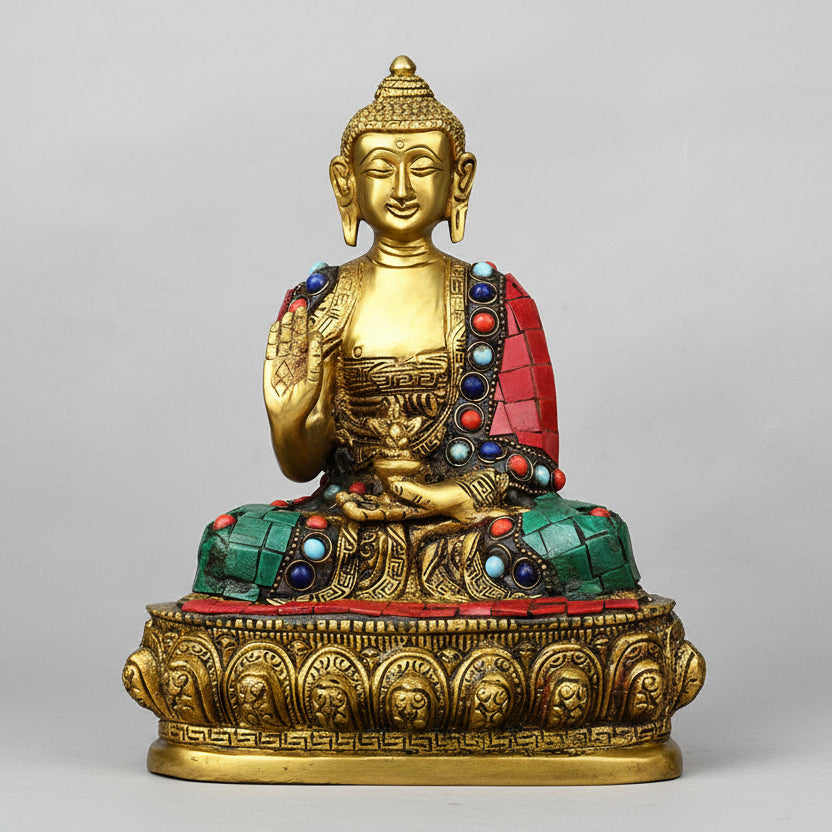 Buddha Brass Statue with Decorative Stone Work
