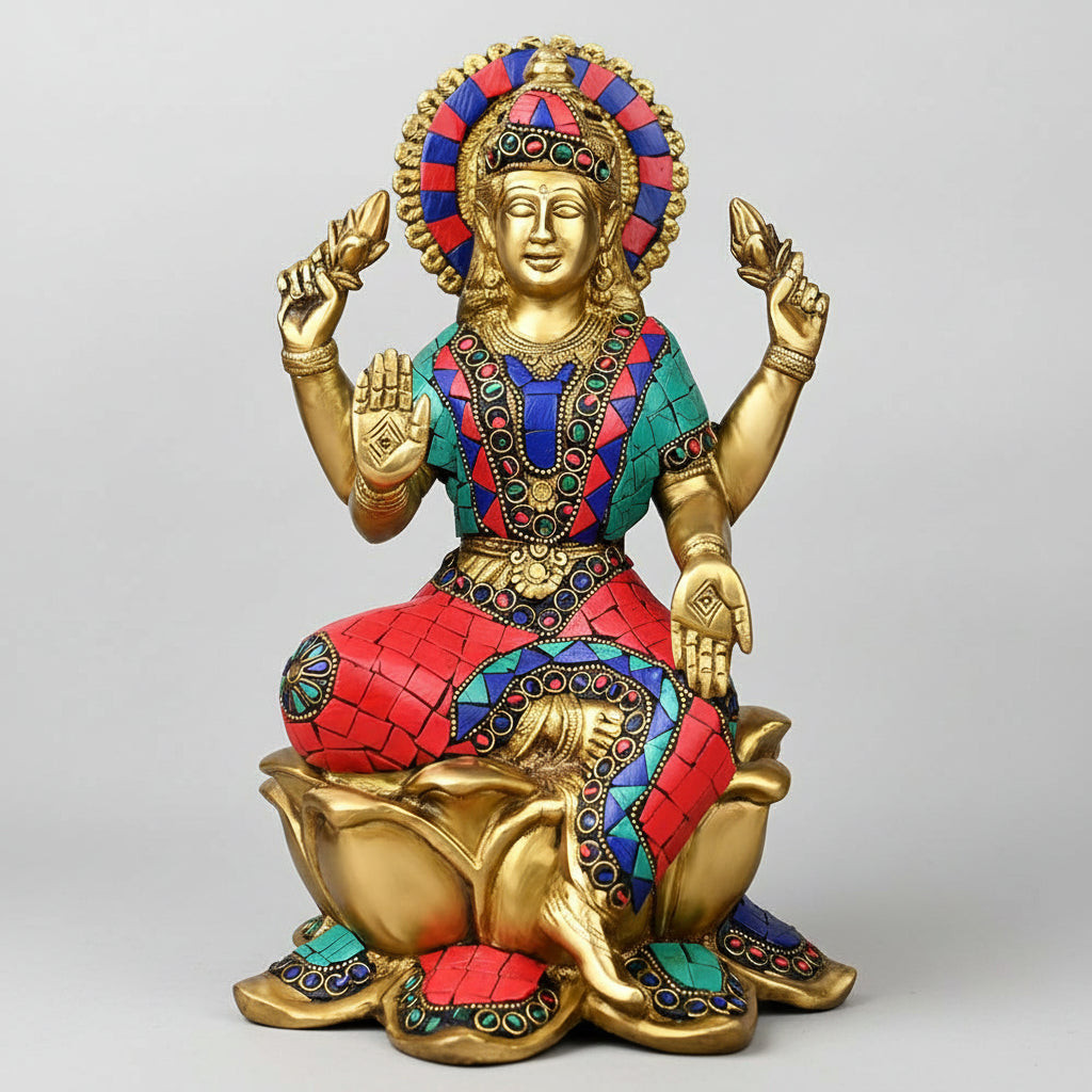 Goddess Laxmi Brass Idol with Stone Work