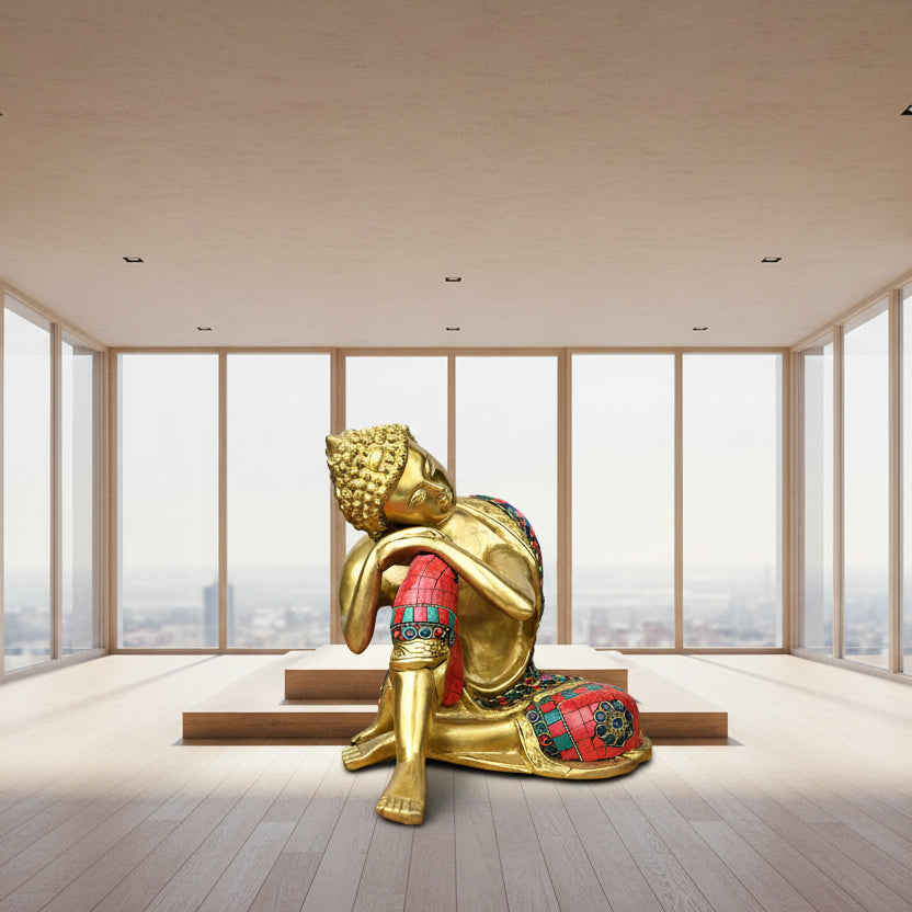 Sitting Buddha Brass Statue with Decorative Stone Work