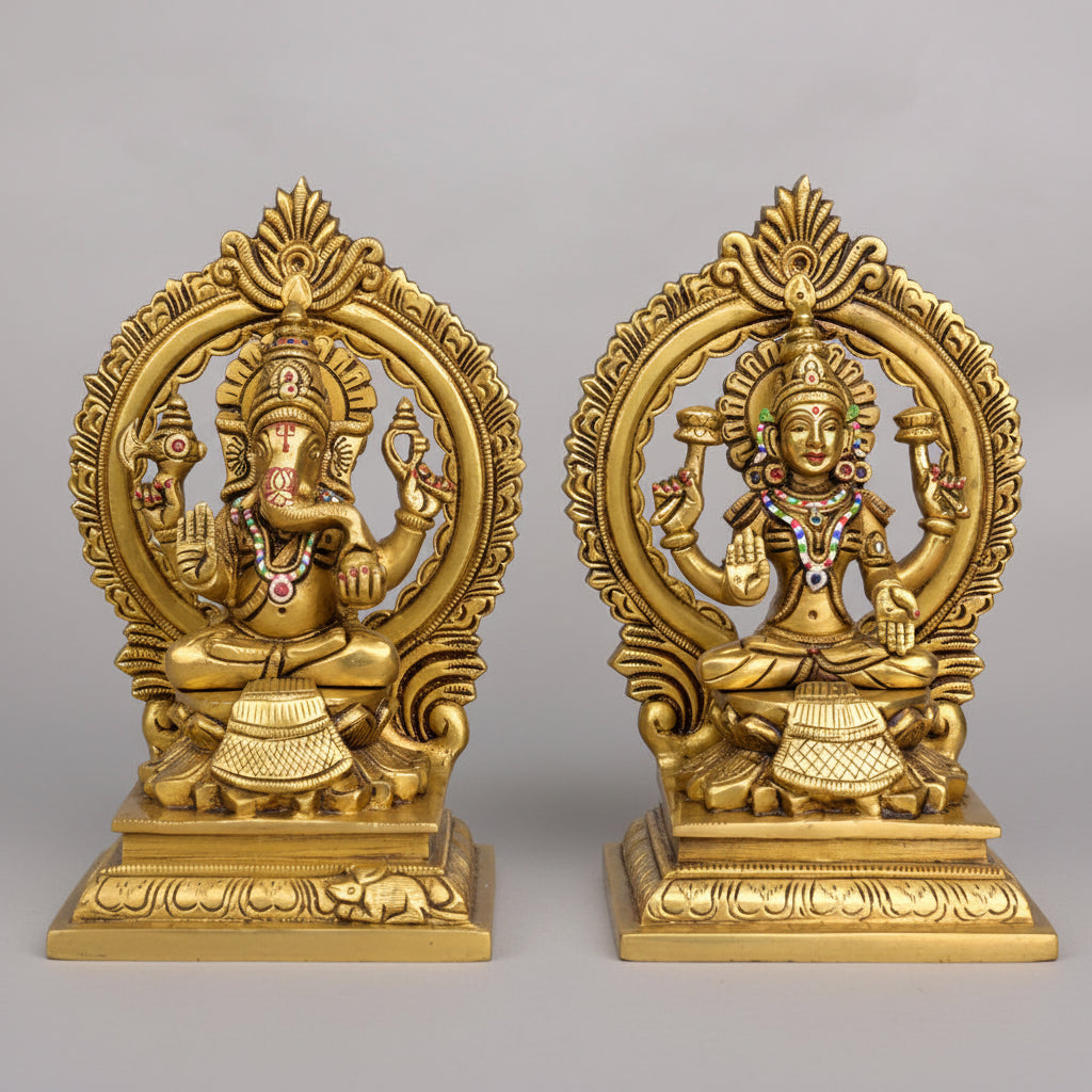 Painted Ganesh Laxmi on Lotus Pedestal with Arch Brass Idol