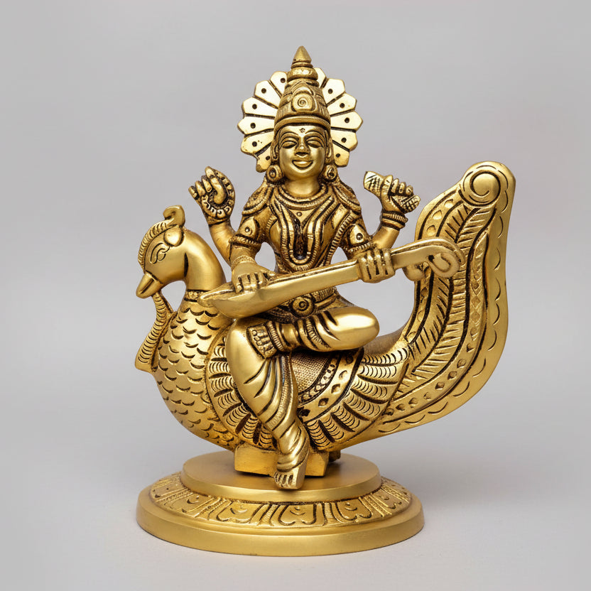 Goddess Saraswati with Veena on Peacock Superfine Brass Idol