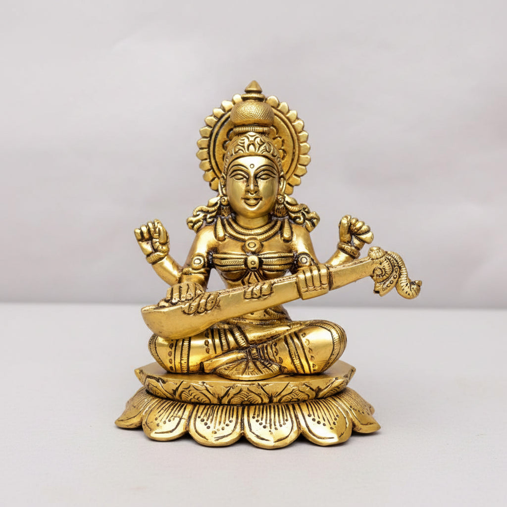 Goddess Saraswati with Veena on Lotus Superfine Brass Idol
