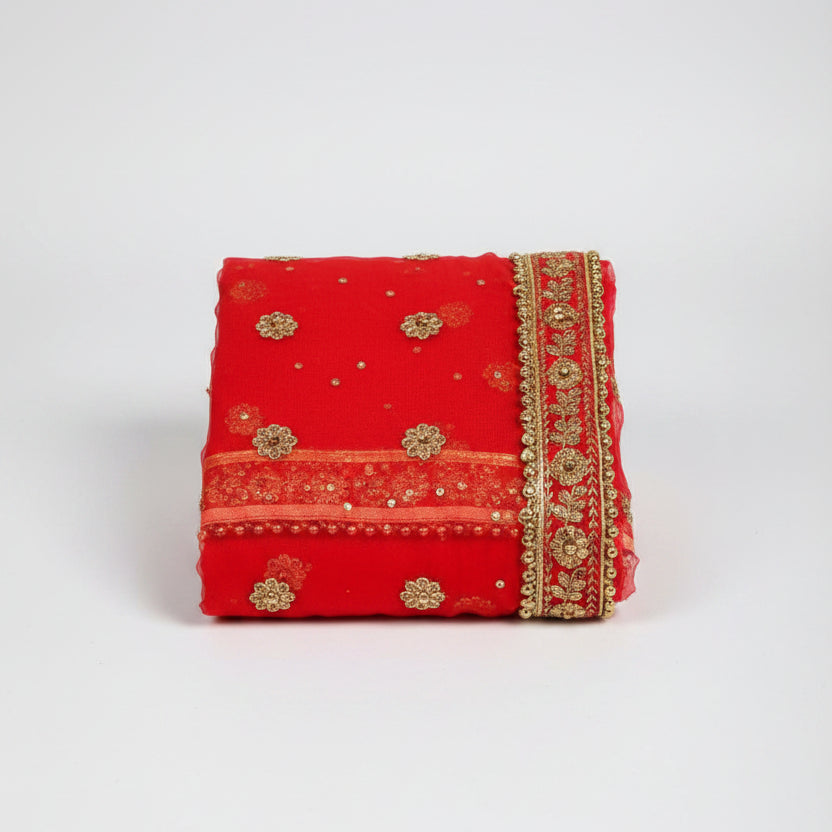 Durga Mata Chunni Golden Border Flower Latkan-Maroon