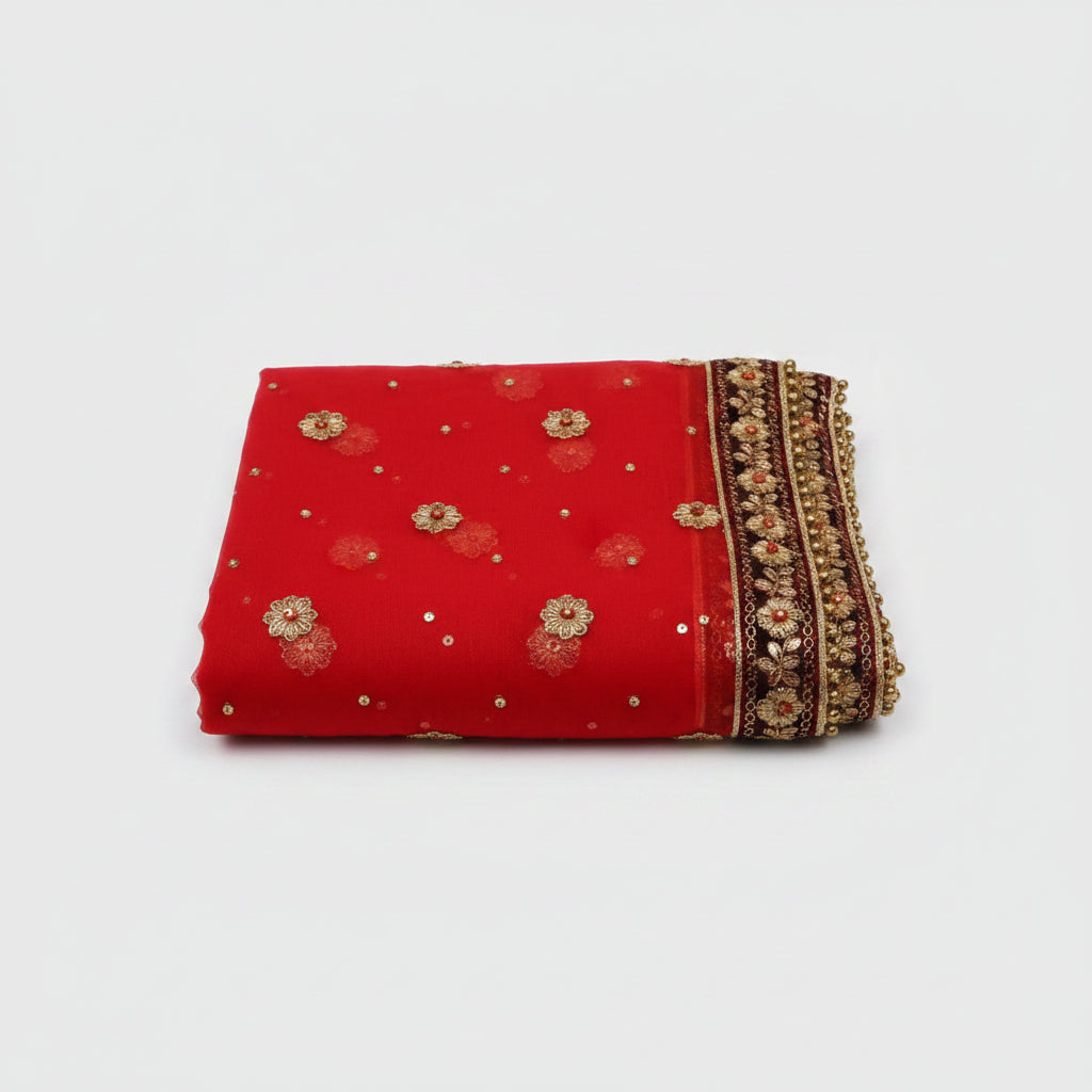 Durga Mata Chunni Golden Border Flower Latkan-Pink
