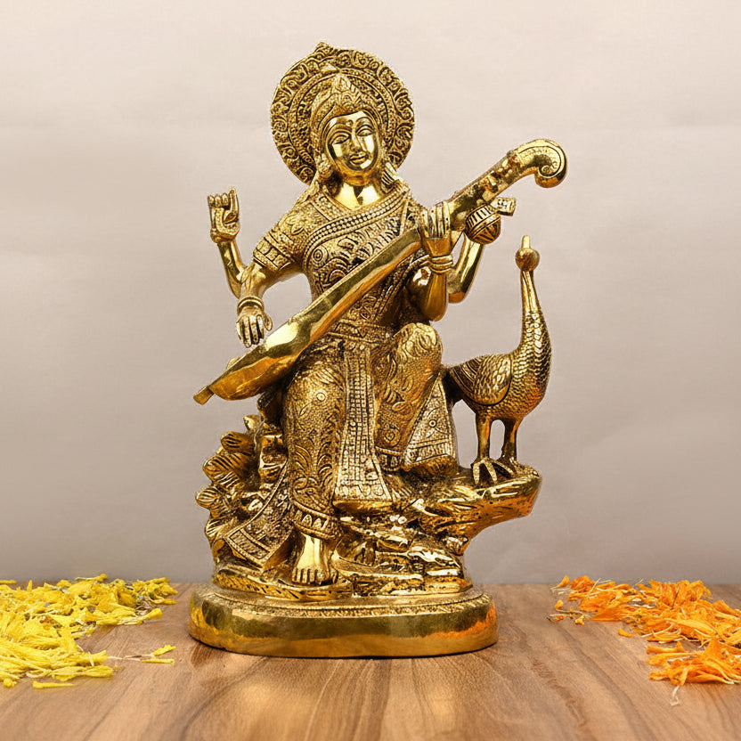 Goddess Saraswati Playing Veena Brass Murti