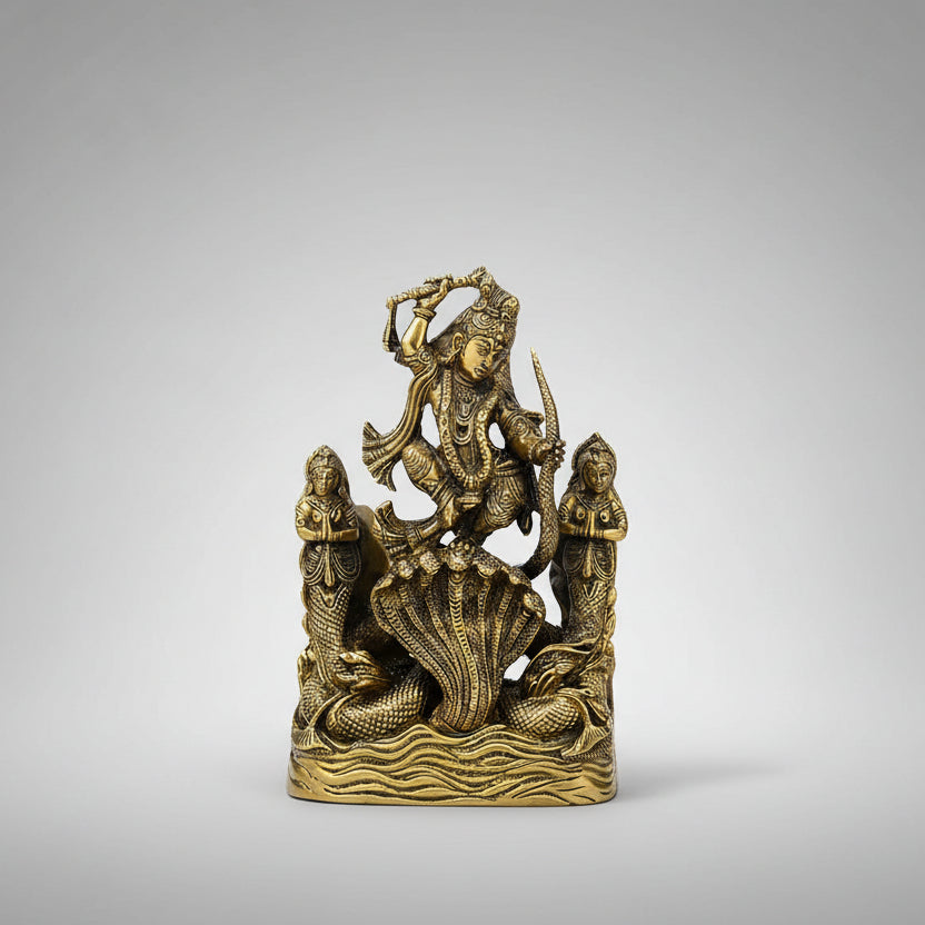 Brass Krishna Bhagvan Dancing on Kaliya Snake Statue