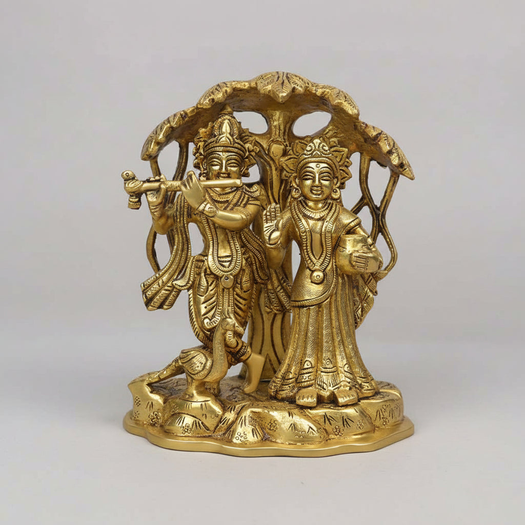 Radha Krishna Under Kadamba Tree With Peacock Brass Idol