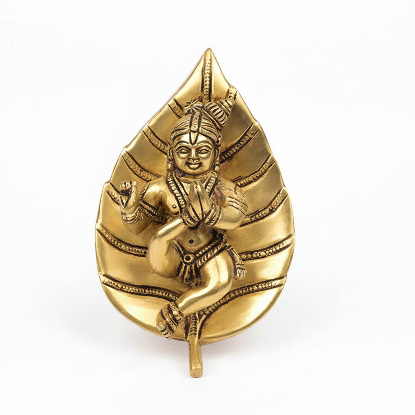 Brass Laddu Gopal Idol on Leaf
