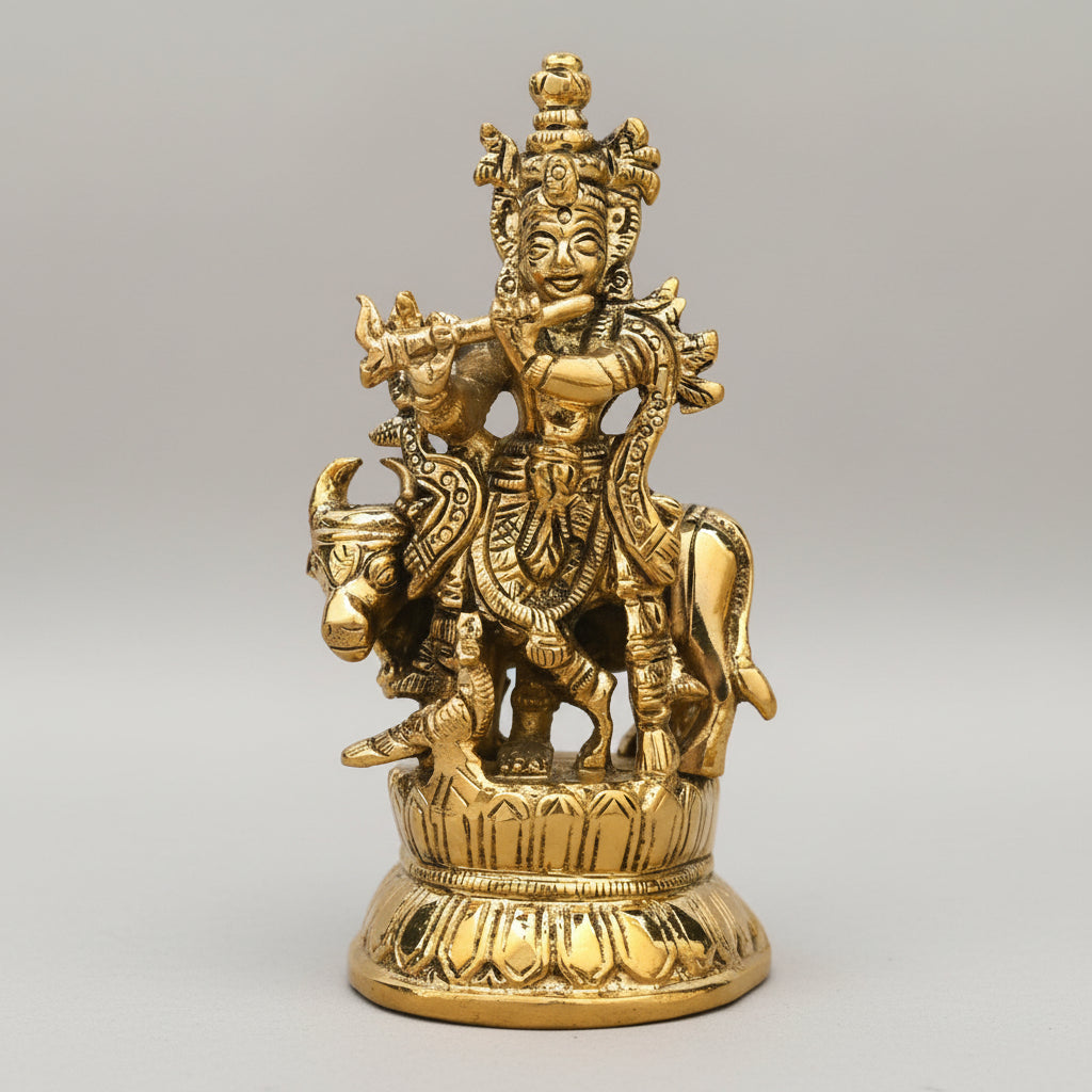 Krishna Brass Statue with Peacock and Gau Mata-Large