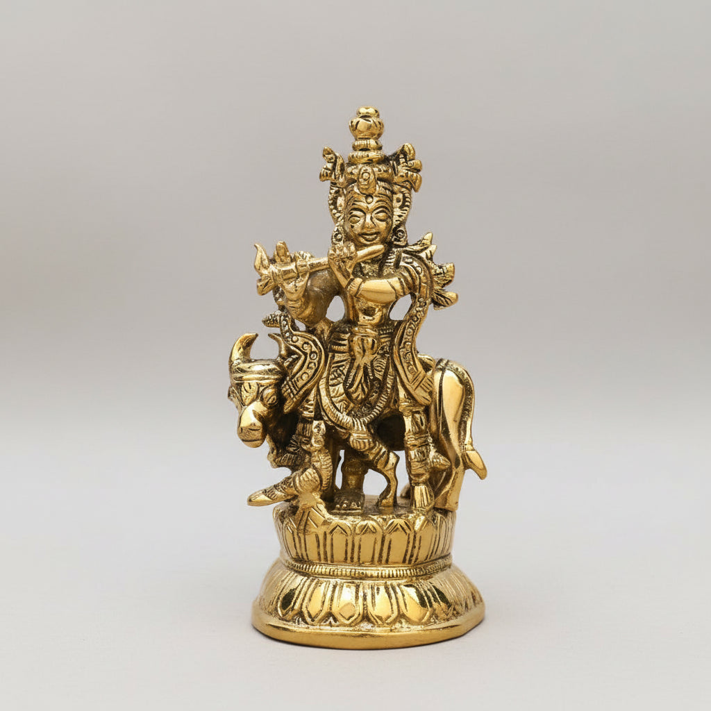 Krishna Brass Statue with Peacock and Gau Mata-Small