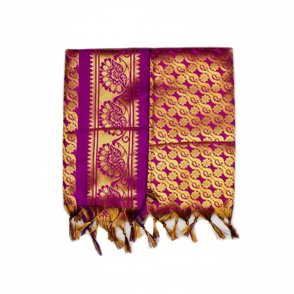 Golden Flower Design Silk PUJA Shawl-Purple