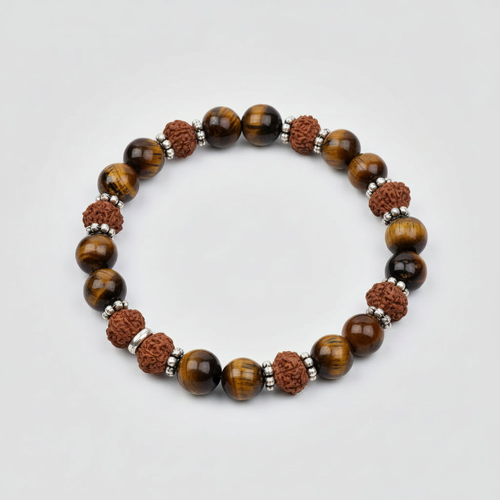 Tiger Eye & 8 Mukhi Rudraksha Silver Chakri Bracelet-10 mm