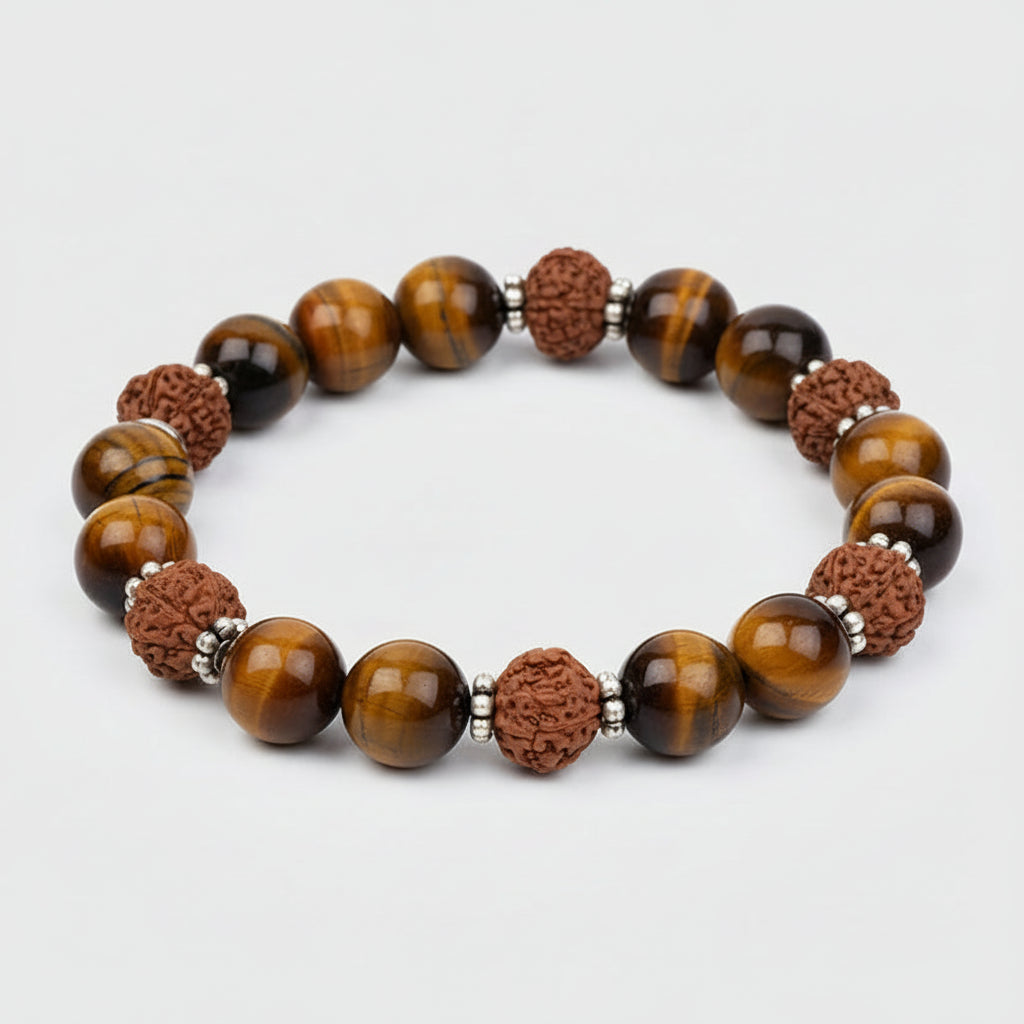 Tiger Eye & 8 Mukhi Rudraksha Silver Chakri Bracelet-10 mm