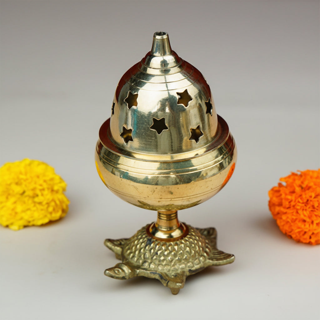 Brass Apple Diya with Cover on Kurma-Gold Finish