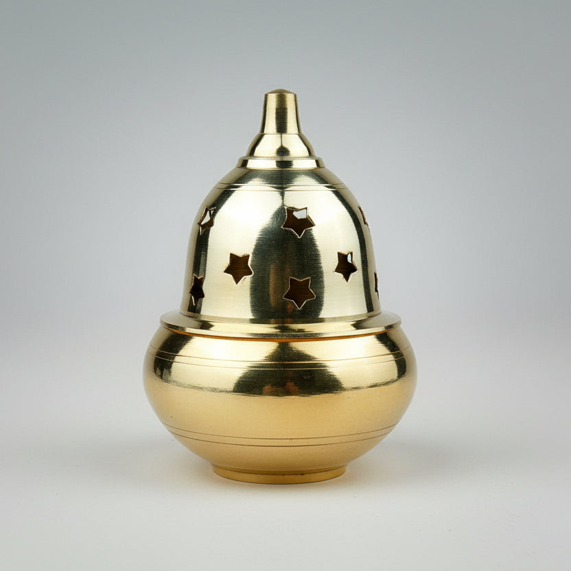 Brass Apple Shape Diya with Star Pattern Cover-Small-Antique Finish