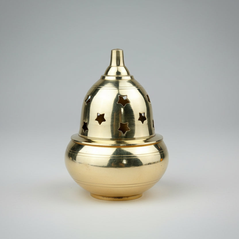 Brass Apple Shape Diya with Star Pattern Cover-Small-Antique Finish